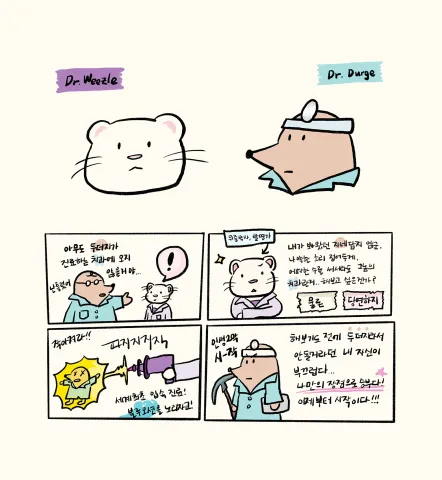 A four-panel comic illustrating the friendship between Dr. Weezle and Dr. Durge. After falling into despair upon being told that he can never become a dentist simply because he is an animal, Dr. Durge meets Dr. Weasel—who has overcome the same kind of discrimination. Dr. Weasel comes up with an unconventional solution by firing a ray gun, paving the way for Dr. Durge to finally open Dr. Durge’s Dental Clinic…