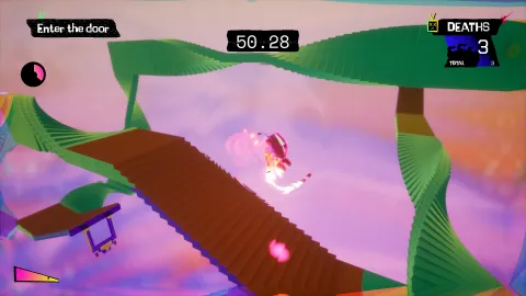 Platforming character TeeVee mid-Dash in level Twisted Staircases.