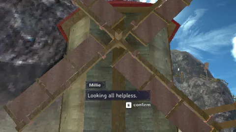A windmill named Millie looking down at the camera saying "Looking all helpless."