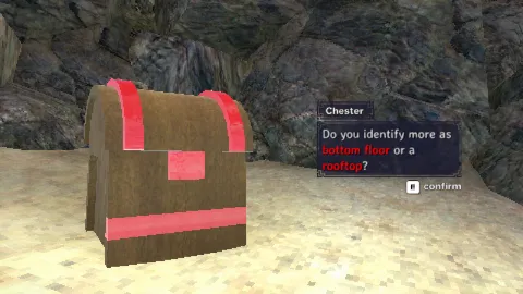 A chest named Chester asking "Do you identify more as a bottom floor or a rooftop?"