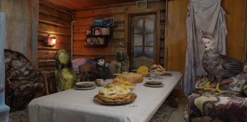 A 3D-rendered wooden cabin interior with a long dining table set with soup, bread, and pastries. Surreal hybrid figures—human, animal, and moss-covered—sit around the table, suggesting a ritual gathering in a virtual environment.