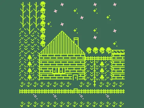 A house on the outskirts of Buenos Aires, the image is vibrant green. There is house, a garden, a side walk, trees, stars and flowers.