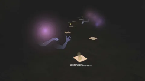 Two bodiless Avatars in a dark room. There is a bright tile on the ground.