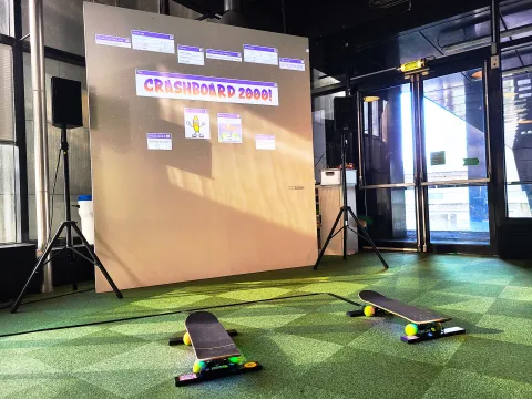 a look of the installation with two skateboard when no-one is playing