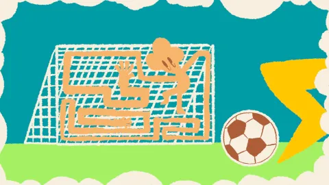 Abigail kicking a soccer ball into a goal with a very stretchy goalie