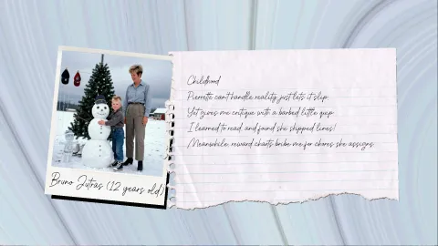 A family picture with a handwritten poem reminiscing on childhood