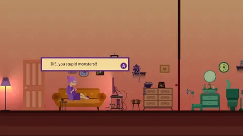 Elderly Blueberry playing xbox in her livingroom