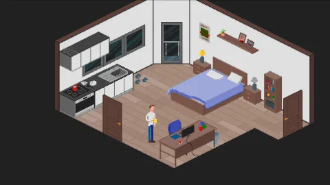 Protagonist in his bedroom