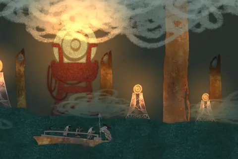The Pelican boatman is taking the walker and the bodies to the Pelican Island on his boat. Countless artificial suns are in the background.