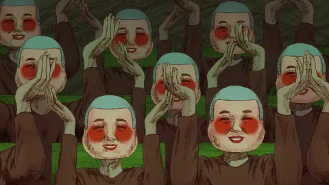 Gameplay scene showing a cult assembly. Rows of members wear identical smiling masks with exaggerated facial features. They raise their hands in synchronized gestures, repeating the same pose across the crowd. The uniform masks and coordinated movement create a sense of enforced unity under an unseen authority.