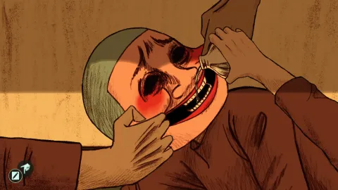 Gameplay scene showing a cult punishment ritual. A masked cult member is restrained while liquid is forced into their mouth by player character's hands. The close-up framing emphasizes the lack of resistance. The scene represents a moment where the player is compelled to carry out punishment on others, with refusal leading to unknown consequences.