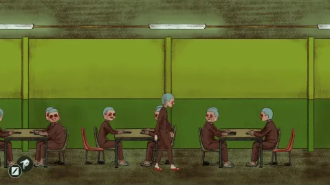 Gameplay scene set in a canteen with green walls and fluorescent lights. Identical cult members sit in pairs at long tables, eating in silence. As the player character walks between the tables, every seated figure turns to stare at you with fixed, unsettling expressions.