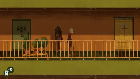 Hand-drawn gameplay scene showing daily life inside the cult. The player walks along an indoor corridor lined with numbered doors and potted plants. Other members move or stand nearby, behaving quietly and oddly, avoiding eye contact or lingering in unnatural ways, reinforcing the unsettling normalcy of the environment.