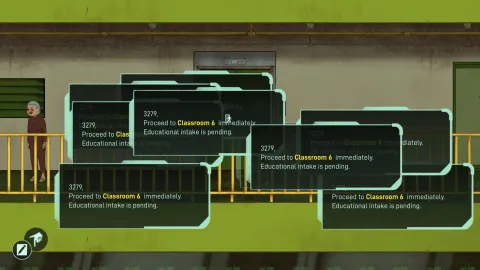 Gameplay scene showing the player in a corridor as multiple system warning messages overlay the screen. The alerts repeatedly instruct, “Proceed to Classroom 6 immediately. Educational intake is pending.” The overlapping notifications represent the helmet’s system issuing escalating warnings when the player disobeys instructions.
