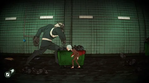 Gameplay scene set at night inside the cult. The player character hides behind a dumpster in a dim area while the Father patrols nearby.  It's a stealth sequence where the player must avoid being detected by Father after dark.