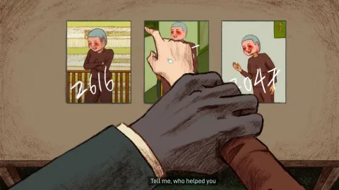 Gameplay scene depicting an interrogation. The player’s hands are restrained in the foreground while photos of the Father appear on the desk, marked with identifying numbers. A subtitle reads, “Tell me, who helped you.” The scene represents a forced choice where the player must decide whether to betray friends to protect themselves.