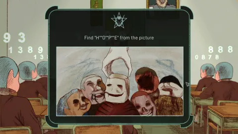 Gameplay screen showing a re-education classroom. A digital interface overlays the scene with the instruction “Find ‘H O P E’ from the picture.” In the center is a disturbing drawing of smiling cult members pressed together, their faces distorted and mask-like. Seated figures with shaved heads face forward in the background, surrounded by floating green numbers.