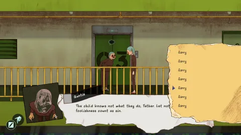 Gameplay scene showing a hallway conversation between the player character and another cult member near a numbered door. A dialogue interface appears with the cult member forcing an apology from the player, and repeated response options of "Sorry". 