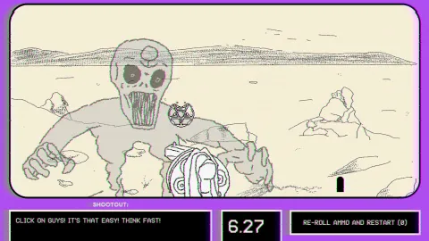 The player shoots an alien in a shootout minigame.