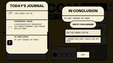 A journal screen invites players to reflect on the activities they encountered that day.