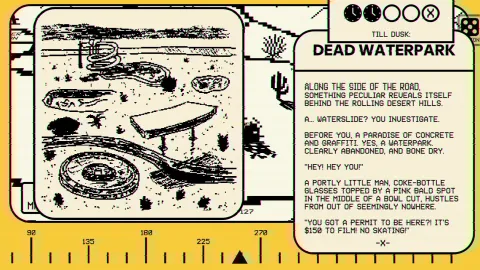 A short story describing a portly little man accosting the player for entering an abandoned desert waterpark.