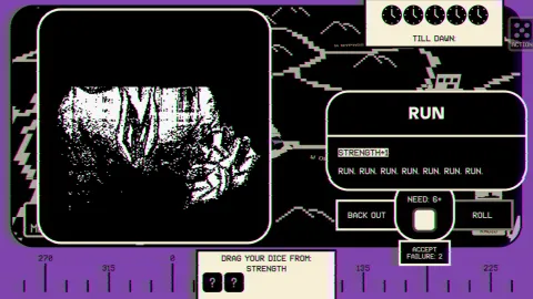 A cut-off loading screen of some kind of ghoulish monster, with a diceroll that simply says "Run, run, run run run"