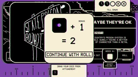 A diceroll screen, showing the player failed rolling the dice.