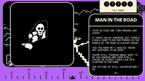 The player is accosted by a man-in-black in the middle of an empty, dark road at night.