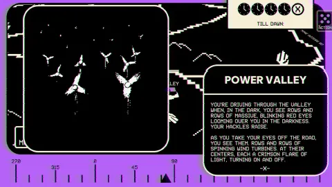 A spooky illustration of electric windmills lit up at night, inspiring a sense of eeriness in the player.