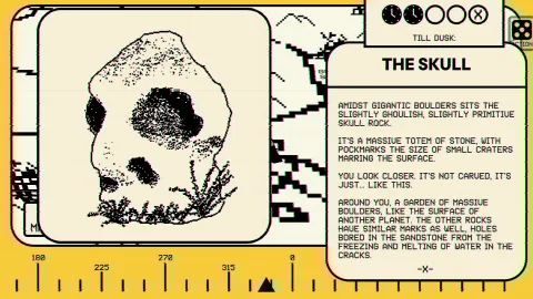 A skull-shaped boulder prompts the player to think about the sentience of rocks.