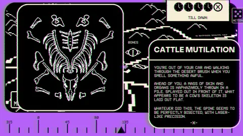 A perfectly symmetrical cow skeleton laid out on the ground, with text provoking the player's curiousity about inspecting it.