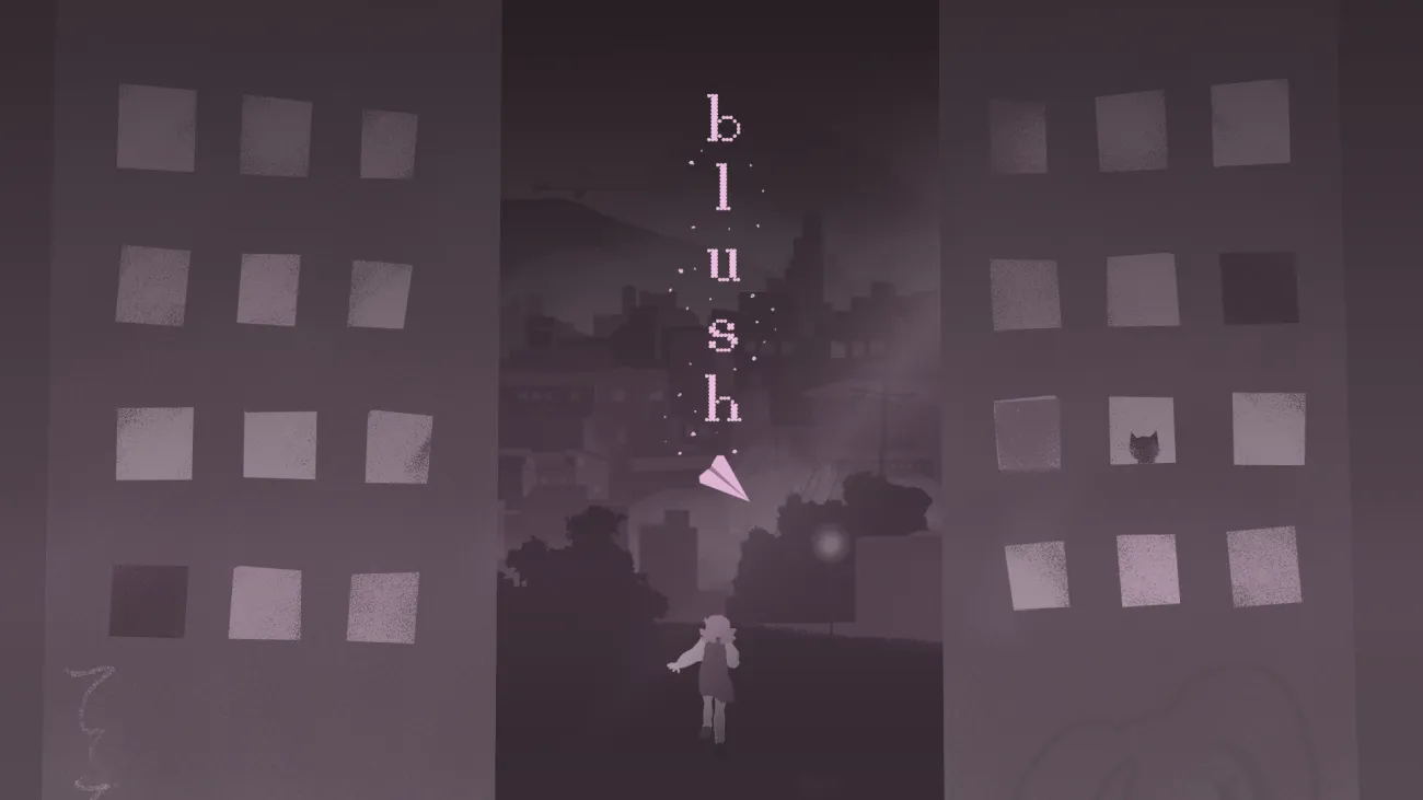 a girl running away with panel buildings in the foreground and cityscape in the background in the darkness