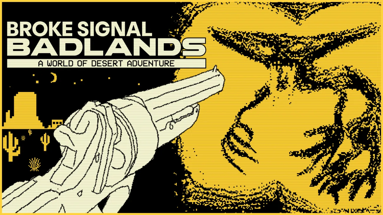 Broke Signal Badlands: A world of Desert Adventure. Picture of a revolver pointed at a bizarre alien creature, standing in the headlights in front of a desert landscape at night.
