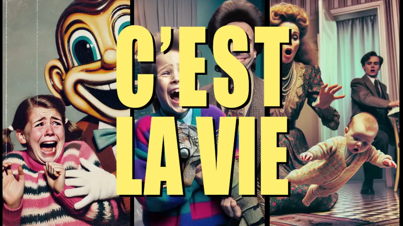 Splash screen for digital game C'est la Vie, letters in bold against parodical life situations