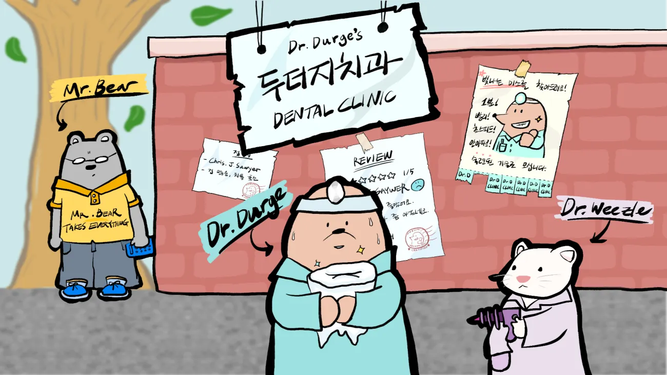 This concept art depicts Dr. Durge, Mr. Bear, and Dr. Weasel in a single frame. The wall behind them is covered with flyers and reviews for Dr. Durge’s Dental Clinic. Dr. Weasel points a ray gun at Dr. Durge, while Mr. Bear stands motionless beside the wall, quietly observing the moment.