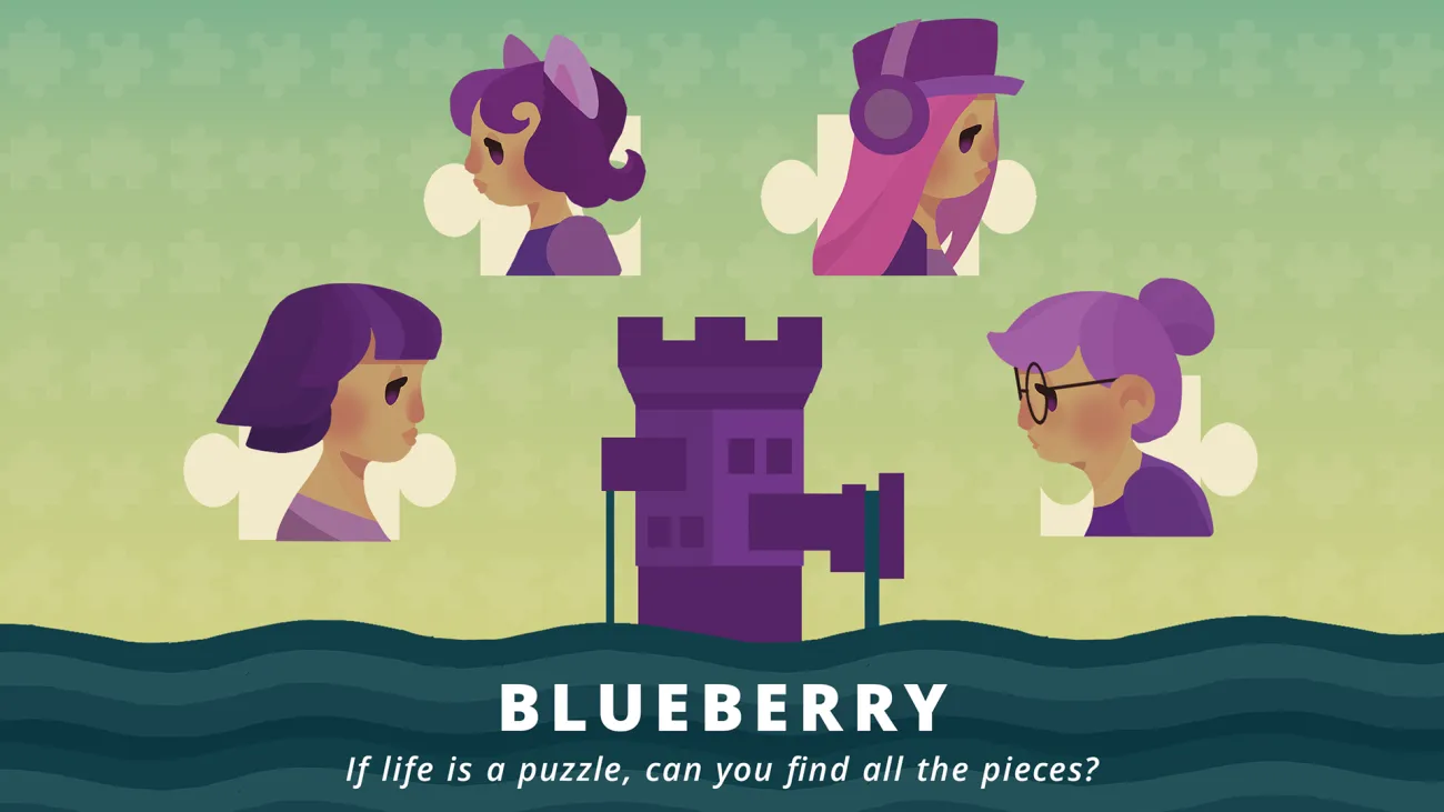 Key art of Blueberry, showing the different versions of the main character as child, teenager, adult and elderly lady. The character portraits are aligned around a tower, which is the symbol of Blueberry's psyche, that the player has to climb in the game.