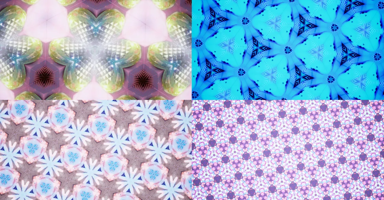An image showing four examples of kaleidoscopic visuals made with Topic Kaleidoscopic