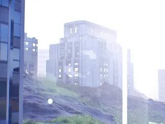 A digicam footage screenshot of a building hidden by the flare of the sun backlight