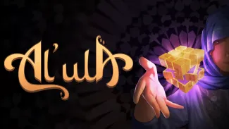 Al'ulA written in a golden rounded font on the left, with on the right a golden cube glowing with a pink hue. Right under the cube is a hand witht the fingers reaching for  it. The glowing light emitted from the cube shows the shawdowing figure of a hooded women inblue-pinkish clothing that drapes over the arm, face and torso.