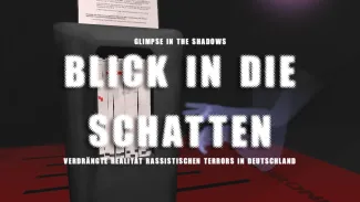 In the background is a shredder, shredding top secret documents. In the front you see the title "GLIMPSE IN THE SHADOWS" in English and "Blick in die Schatten - Verdrängte Realität rassistischen Terrors in Deutschland".