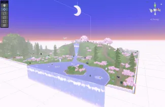 a zoomed out view of a 3D unity terrain covered in pink trees and flowers, waterfall shaders cascade off the side and a crescent moon hangs in the sky by a thin white string